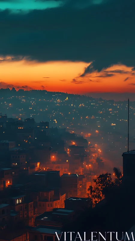 Hillside cityscape under misty dusk sky glow.