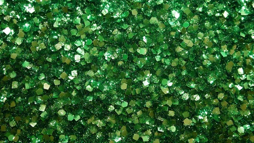 Specular macro field of densely packed emerald glitter flakes.