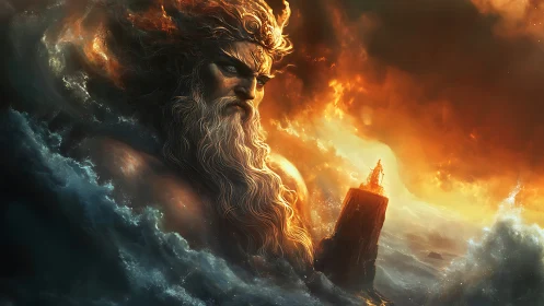 Sea god towers over stormy ocean and burning sky.