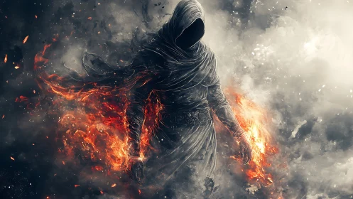 Hooded fire mage stands in swirling smoke and embers.