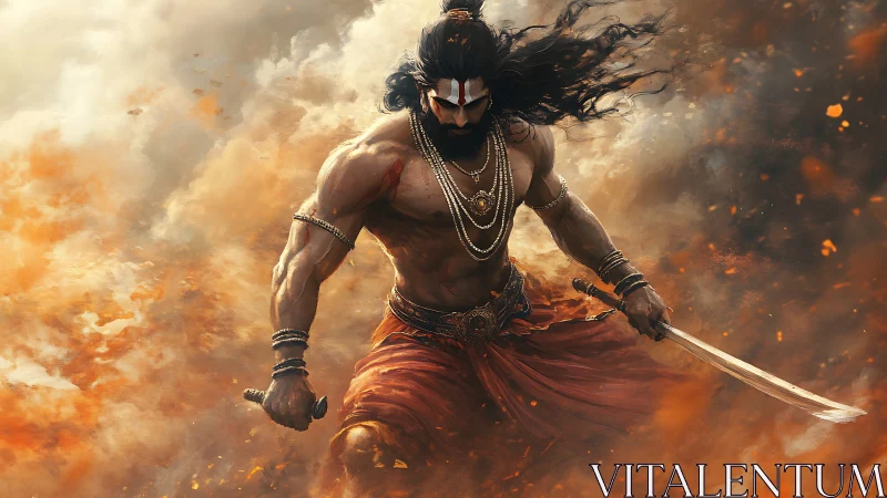 Warrior demigod strides through swirling embers with sword drawn