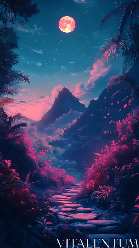 Stone path through neon forest under large full moon.