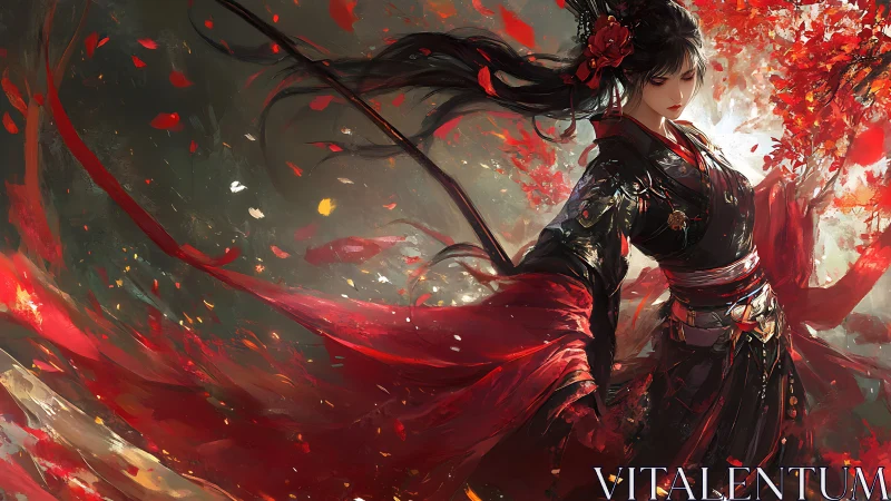 Warrior maiden in flowing crimson kimono amid swirling petals