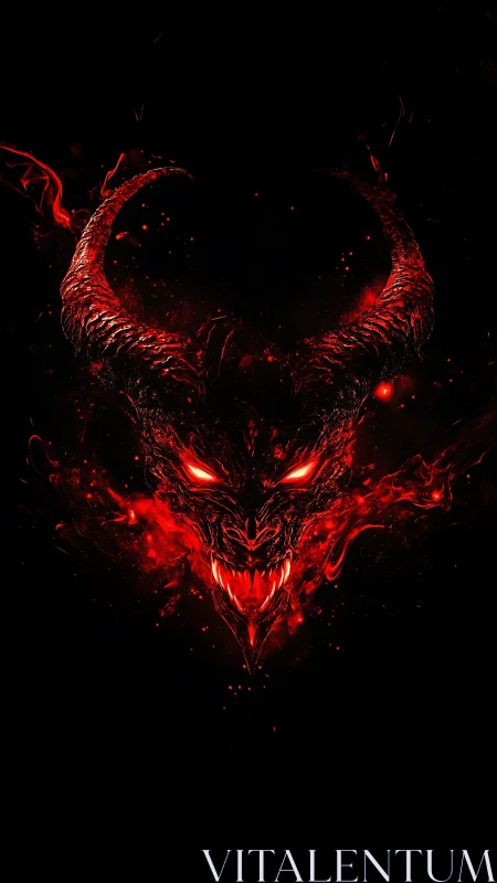 Demonic horned skull emerges in blazing red inferno.