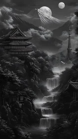 Moonlit cascades over temples in a dreamlike valley.