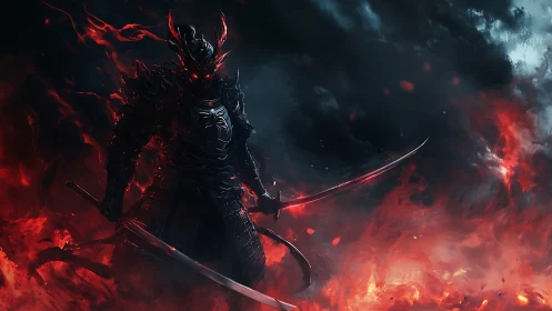 Armored dark warrior stands in flames with dual katanas