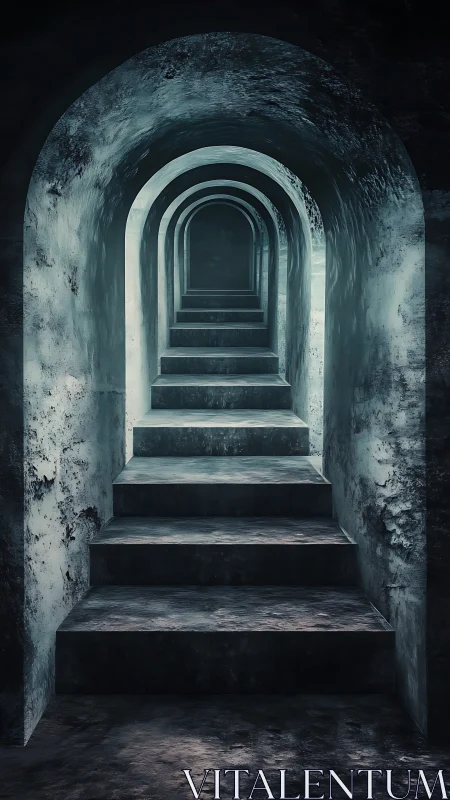 Dim stone stairway receding through arched tunnel depth.