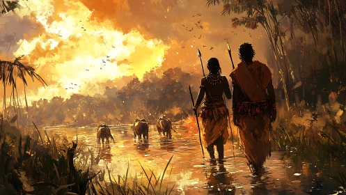 Hunters walk through river at sunset in dense jungle.