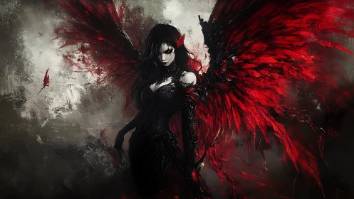 Dark fallen angel unfurls crimson wings in stormy void.