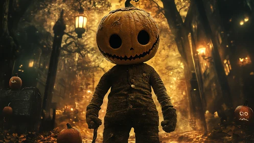 Pumpkin-headed figure stands in backlit autumn street with cinematic depth