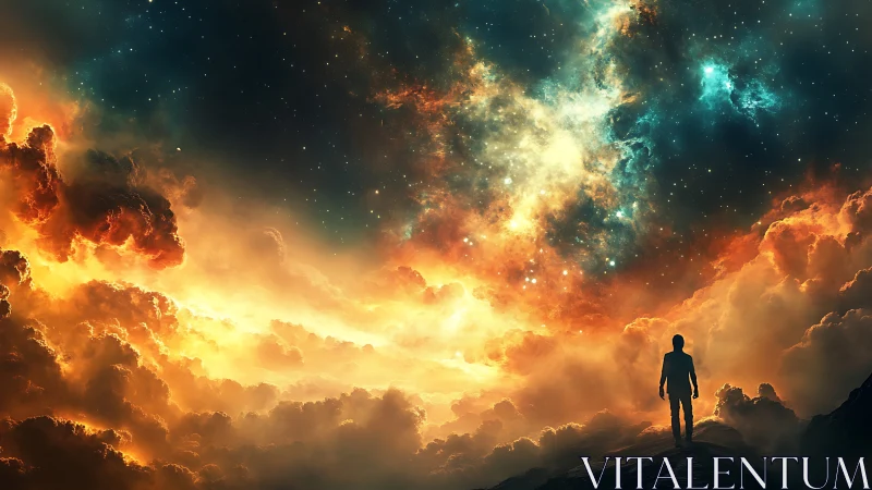 Cosmic cloudscape with silhouetted observer under radiant nebula.