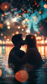 Silhouetted figures in water with bokeh lighting backdrop.