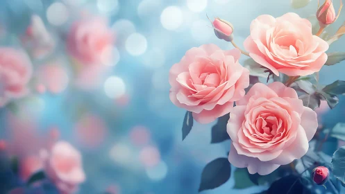 Blushing Roses Dance in Dreamy Azure Bokeh.