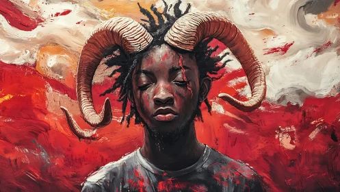 Expressionist portrait with ram horns and visceral red field.