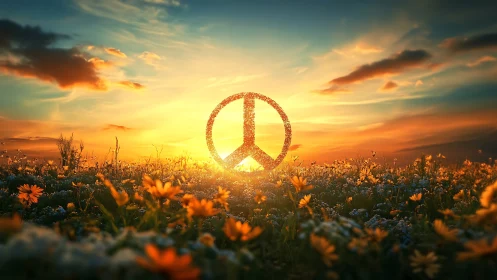 Sunset peace symbol glowing above wildflower meadowscape.