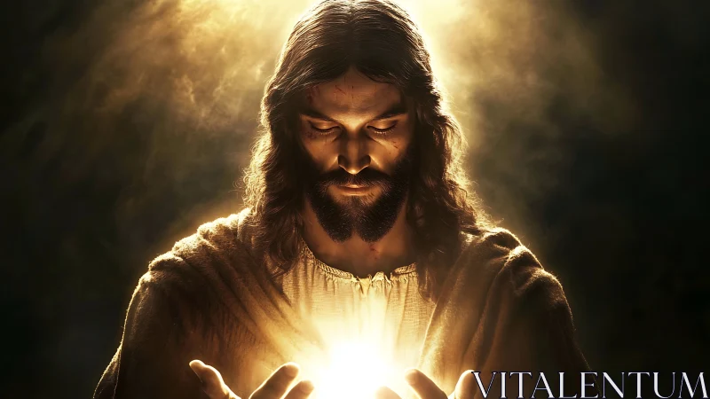 Photorealistic sacred figure with radiant central light source.