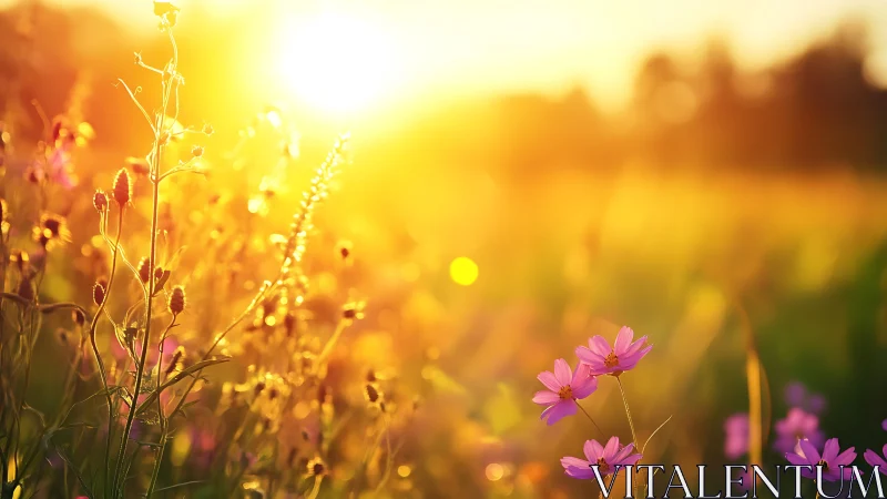 Backlit wildflower meadow in radiant golden hour light.