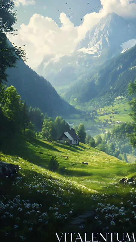 Mountain valley farmhouse sits on sunlit green hillside