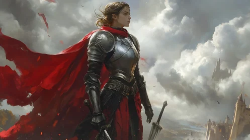 Crimson-caped knight surveys stormlit skies above the realm