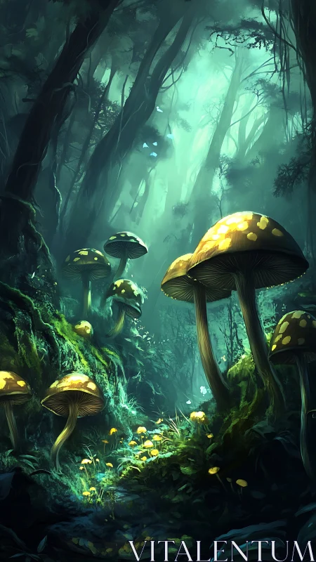 Bioluminescent Fungi Kingdom Deep Within Ancient Emerald Depths.