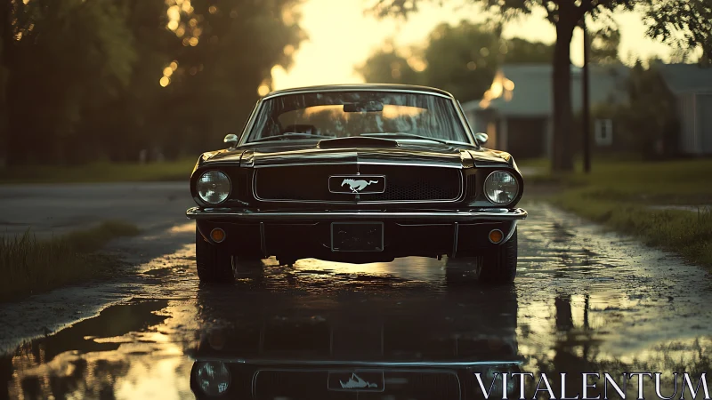 Front-facing classic Mustang in reflective golden-hour puddle.