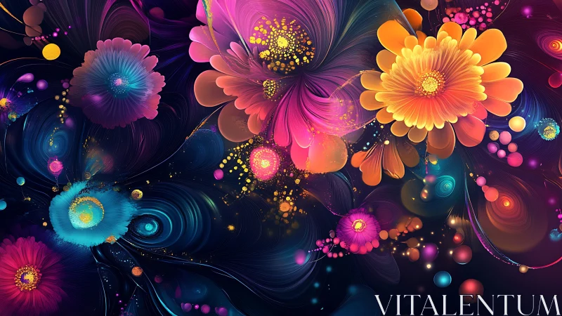 Neon fractal blooms swirl through deep cosmic darkness.