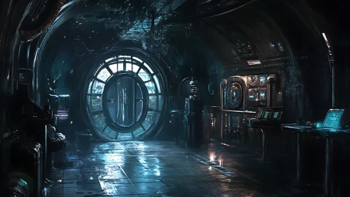 Cylindrical deep-space corridor with luminescent airlock portal.