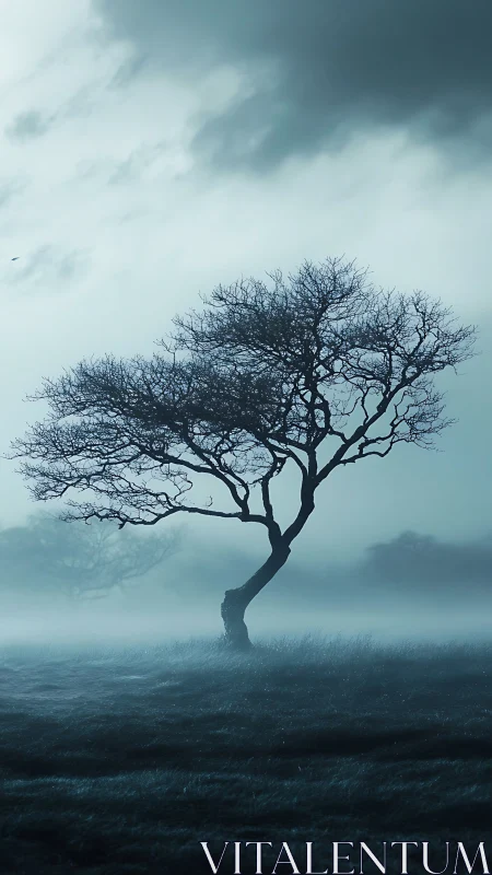 Solitary deciduous tree in misty blue hour moorland field