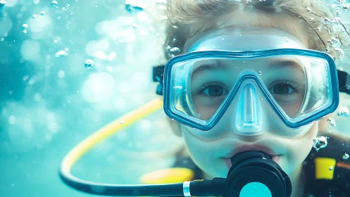 Young diver submerged in turquoise waters wearing blue diving mask.