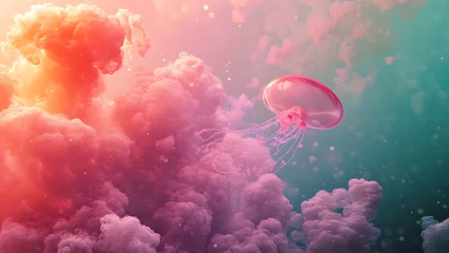 Dreamy pink jellyfish drifting through cotton candy clouds.