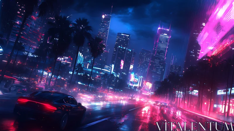Neon lit futuristic city street with wet reflective roadway