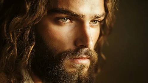 Bearded male portrait in warm dramatic close-up lighting.