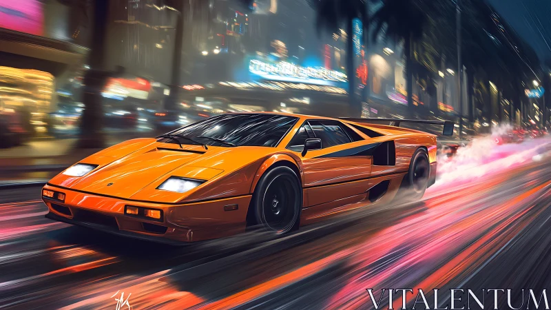 Neon city sprint with a retro orange supercar at dusk.