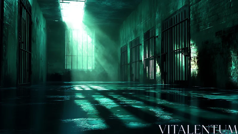 Abandoned prison corridor lit by harsh green skylight.