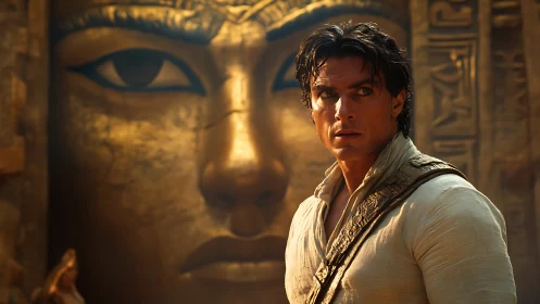 Explorer before monumental golden pharaoh carving, tense gaze.