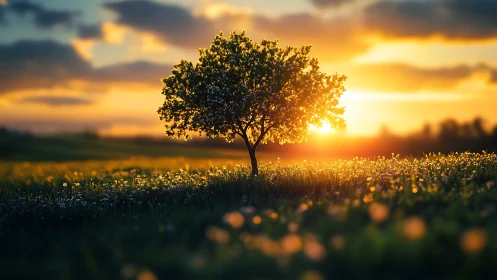 Digital painting of lone blossom tree in backlit meadow field.
