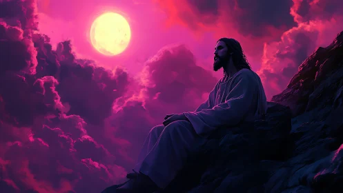 Contemplative robed figure under magenta moonlit cumulonimbus sky