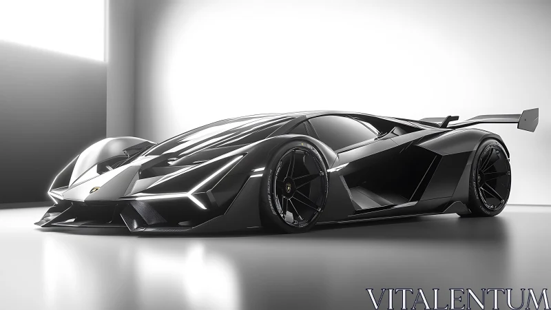 Futuristic black hypercar gleams in minimalist white studio.