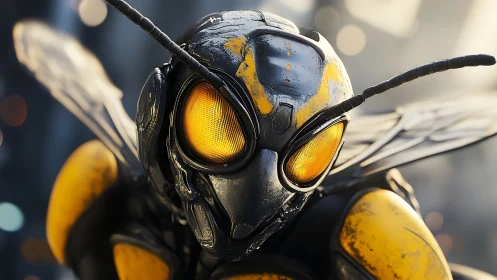 Detailed close-up of futuristic robotic yellow wasp head.