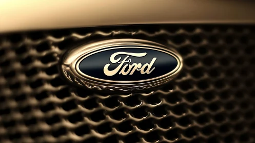 Shimmering Ford car emblem rests on a sleek metallic grille