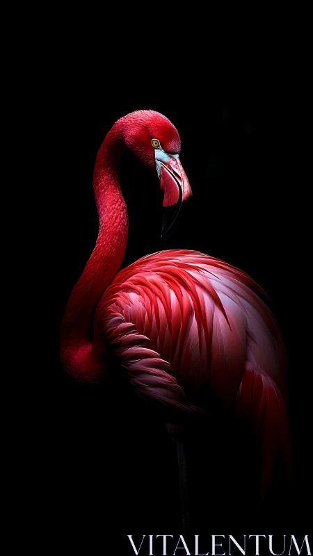 Crimson flamingo glows like neon silk against midnight void.