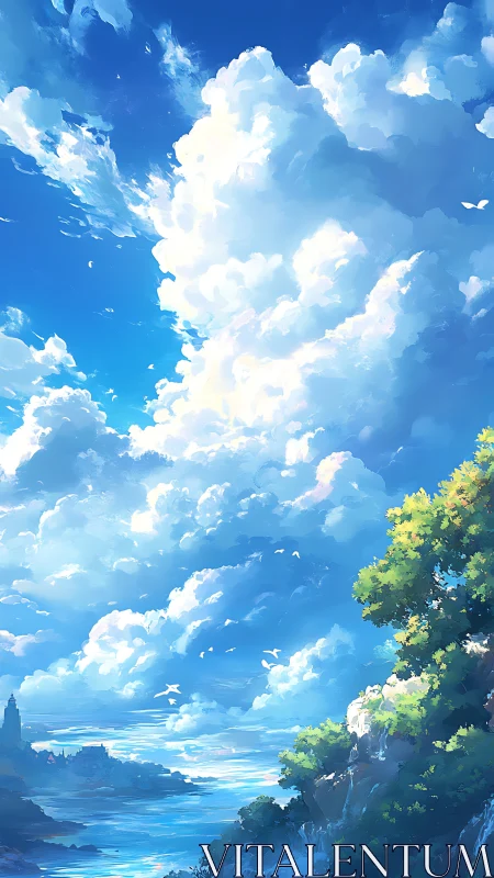 Sky cathedral of drifting clouds above quiet azure bay.