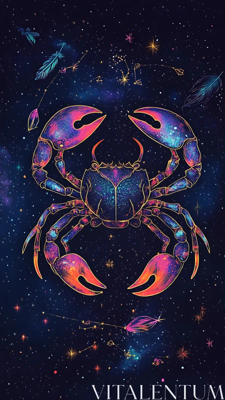 Starlit cosmic crab stretches neon claws across night