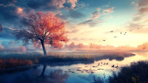 Autumn riverside at sunrise with mist, waterfowl and soft haze