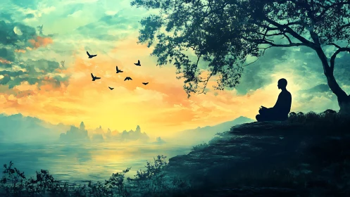 Silhouetted meditator overlooks atmospheric sunrise seascape