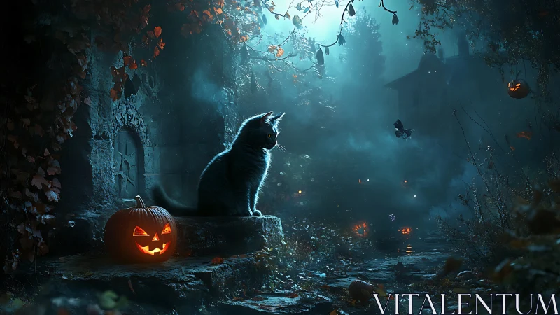 Luminescent Pumpkin and Black Cat in Ruined Gothic Architecture.