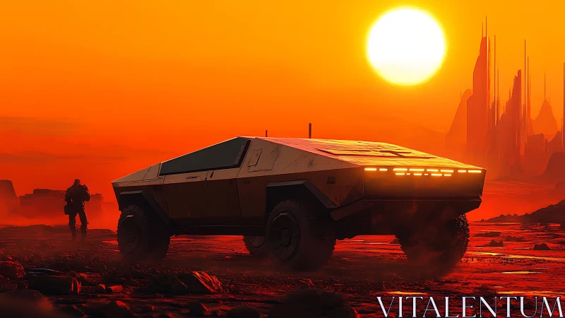 Futuristic truck glows under a blazing alien sunset sky.
