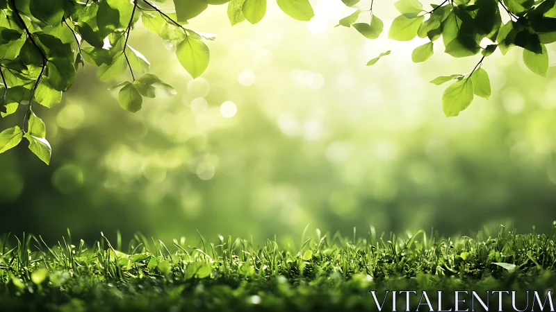 Sunlit fresh green leaves and grass with soft bokeh background.