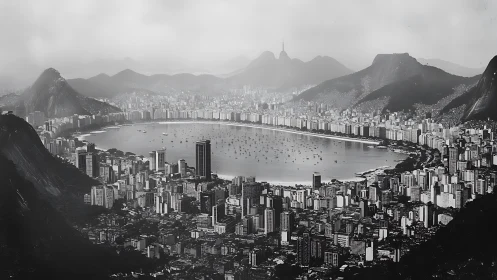 Curving city bay cradled by misty mountains and quiet sea.