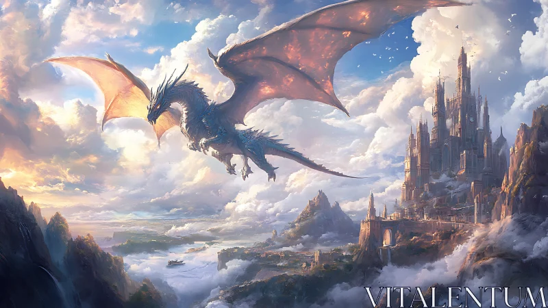 Majestic sky dragon soaring above a sunlit cloud castle.